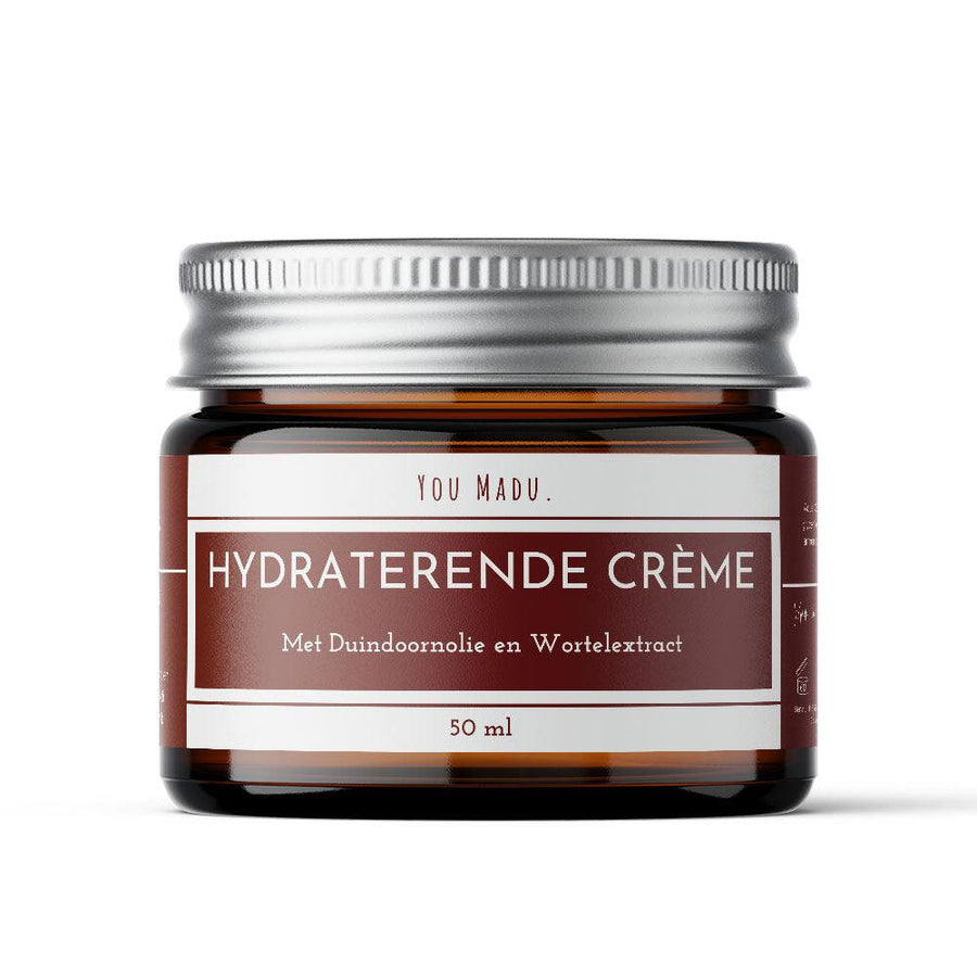 Hydraterende crème met duindoornolie en zilveren deksel. Geschikt voor vette huid.