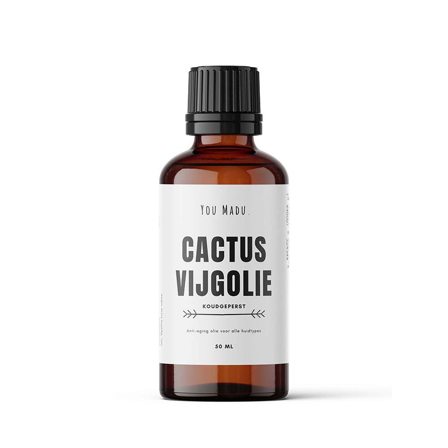 Een bruine fles met een wit label, gevuld met Cactusvijgolie (Prickly Pear) - 100% Natuurlijk en Koudgeperst van You Madu.