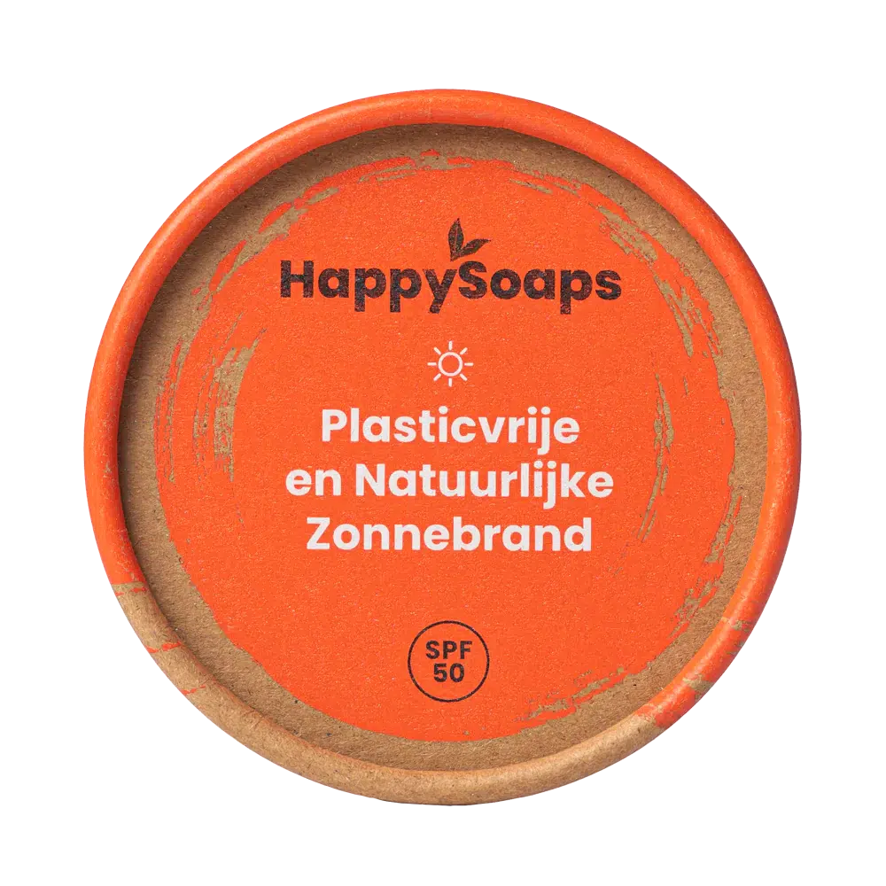 Een ronde oranje container met witte tekst - Minerale Zonnebrand SPF 50.