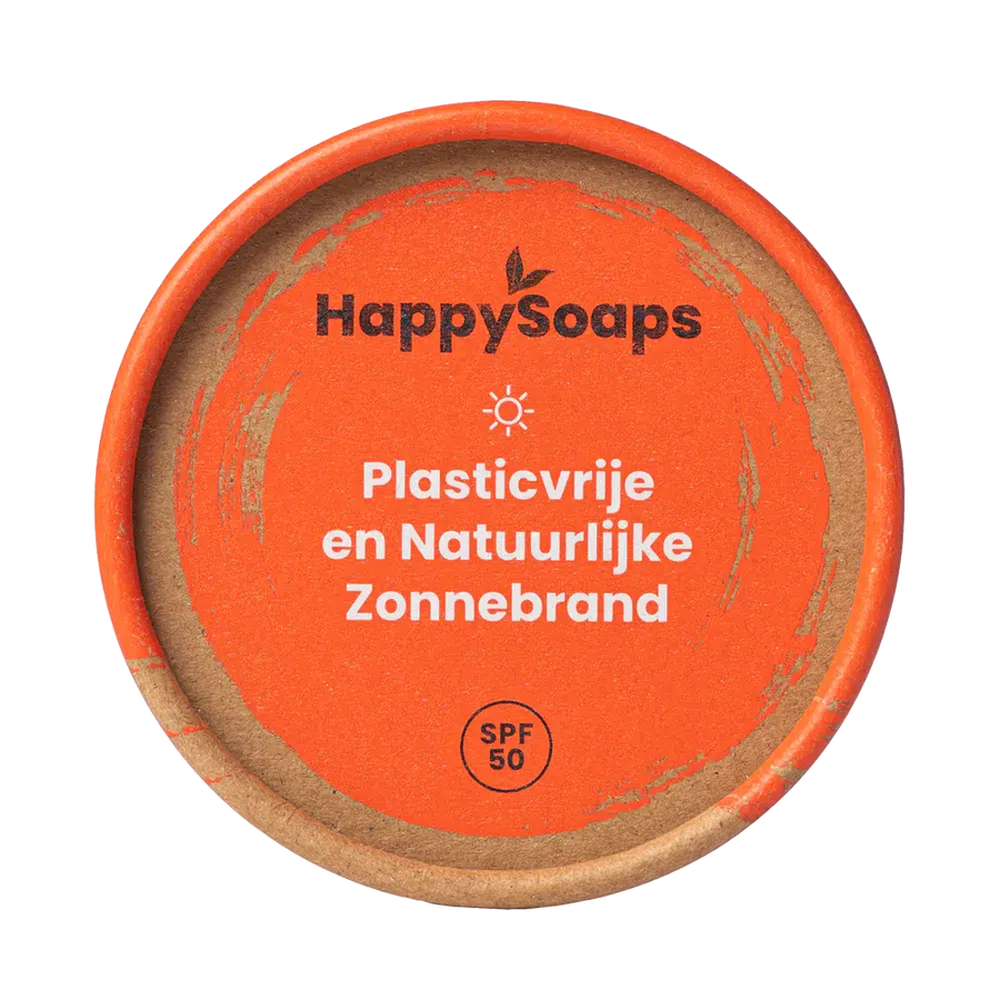 Een ronde oranje container met witte tekst - Minerale Zonnebrand SPF 50.